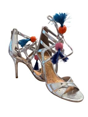 SAM EDELMAN AZELA SILVER TASSEL HEELS